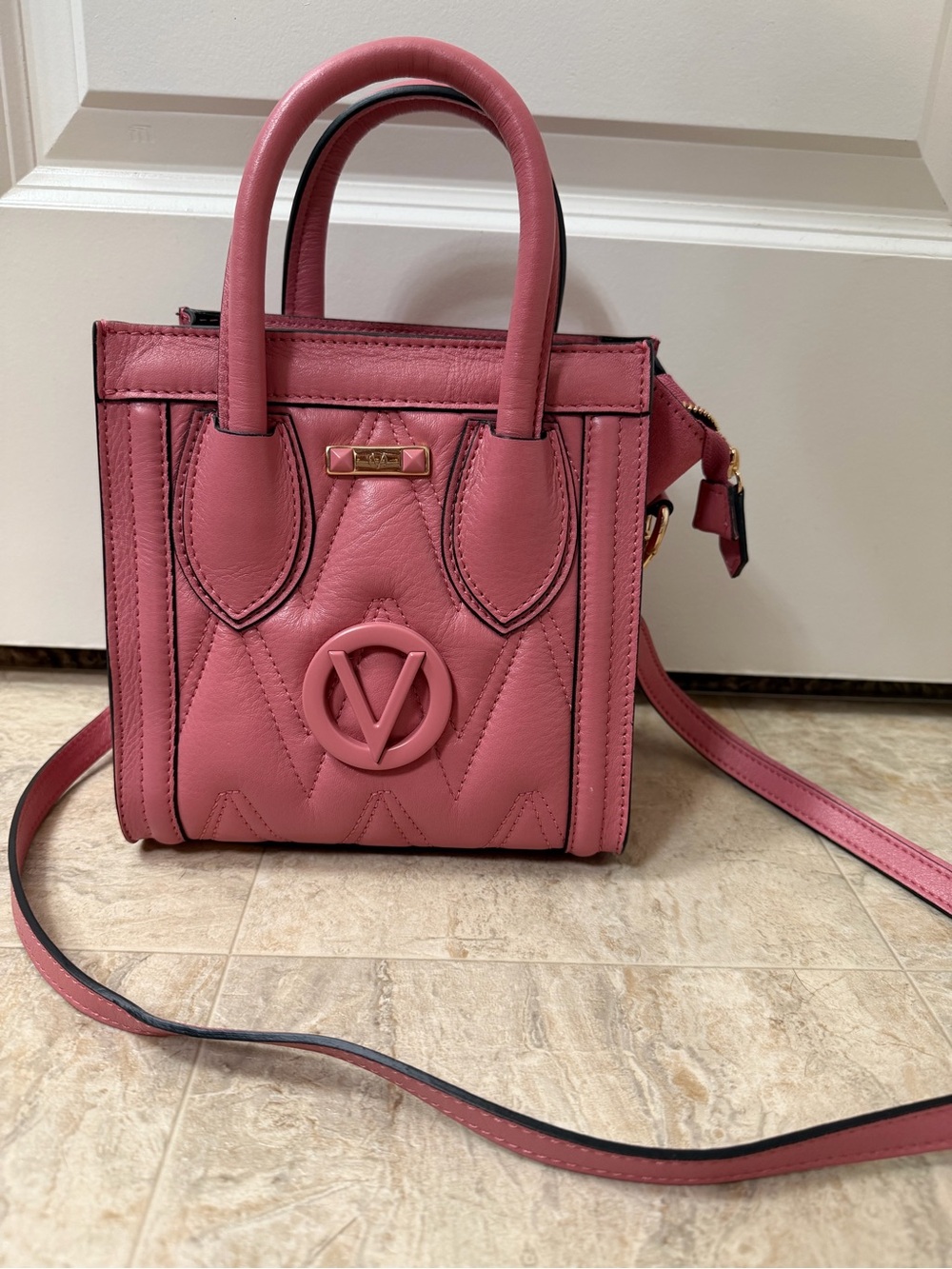 Valentino Rose Pink Quilted Leather Mini Bag with Logo